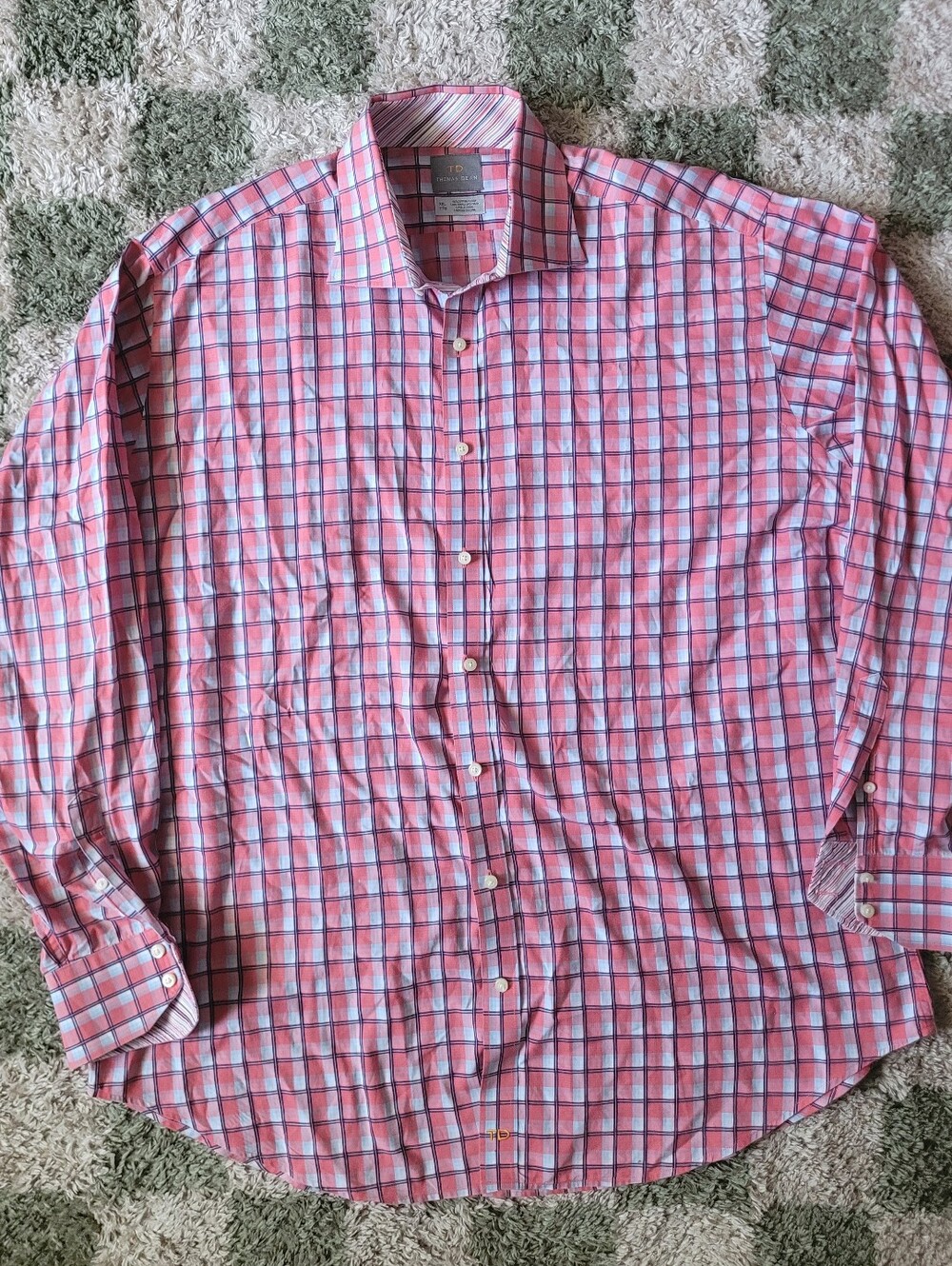 Thomas Dean Coral/pink and Blue Checked Dress Shirt